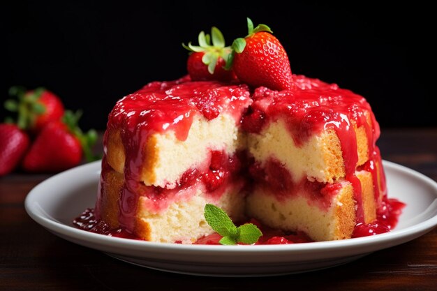 Uma fatia de bolo de morango servido com um lado de coulis de fruta da paixão