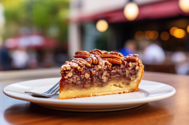 Foto uma fatia de bolo de pecan.