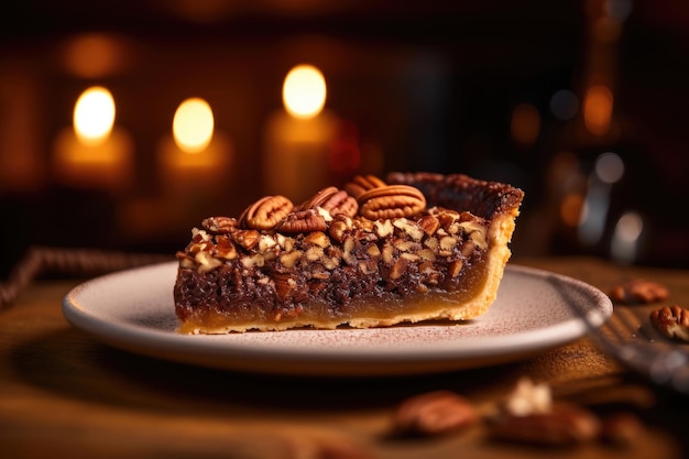 Uma fatia de bolo de pecan.