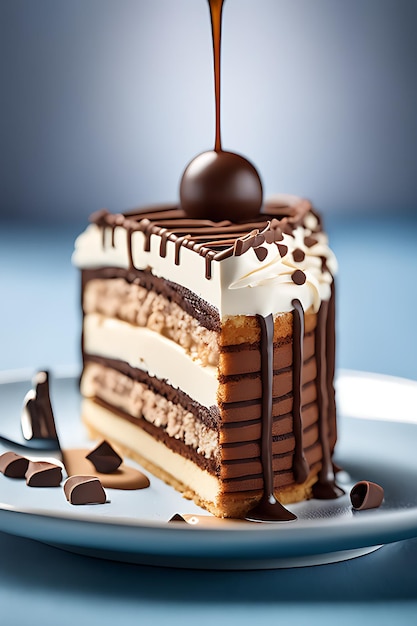 uma fatia de bolo de tiramisu com creme e cobertura de chocolate
