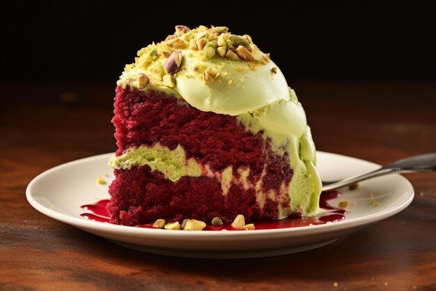 Foto uma fatia de bolo de veludo vermelho com um ventilador de chocolate decorativo