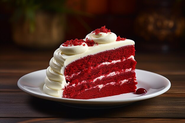 Uma fatia de bolo de veludo vermelho com um ventilador de chocolate decorativo