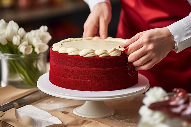 Foto uma fatia de bolo de veludo vermelho com uma colher de sorvete de pistache