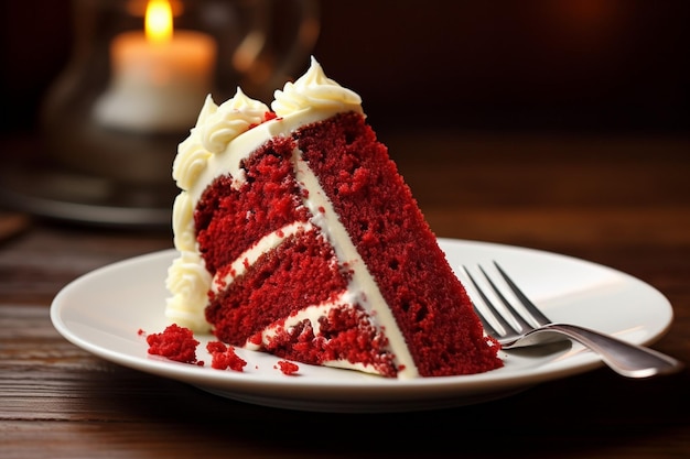 Foto uma fatia de bolo de veludo vermelho em um prato com uma colher branca