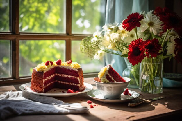 Uma fatia de bolo red velvet está sobre uma mesa ao lado de uma xícara de café.