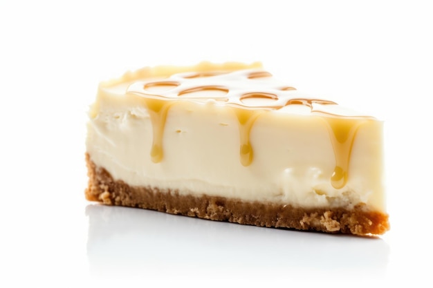 Uma fatia de cheesecake com calda de caramelo por cima