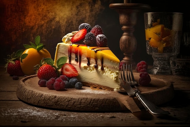 Uma fatia de cheesecake com frutas ao lado