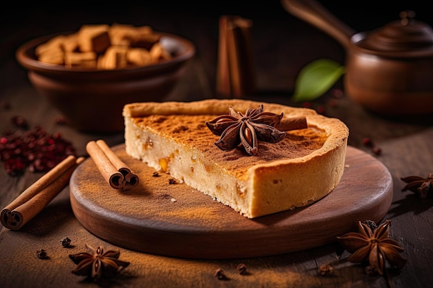 Uma fatia de cheesecake de abóbora com paus de canela em uma mesa de madeira.