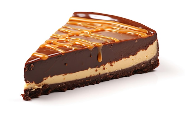 uma fatia de cheesecake de chocolate com cobertura de caramelo