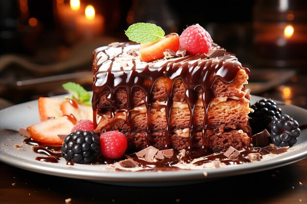 Uma fatia de delicioso bolo de chocolate no prato.