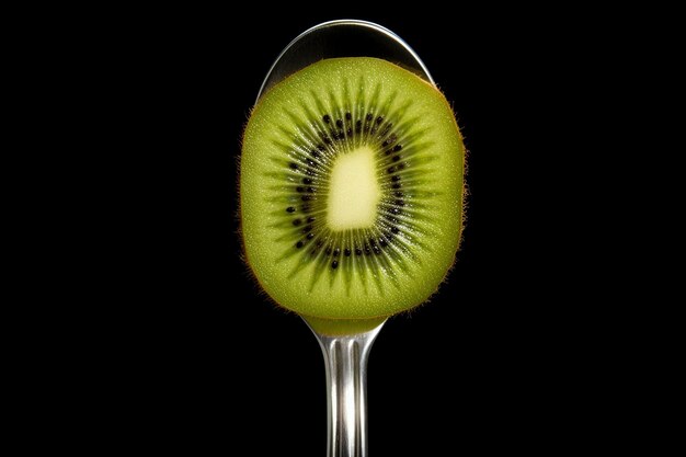 Uma fatia de kiwi em um garfo