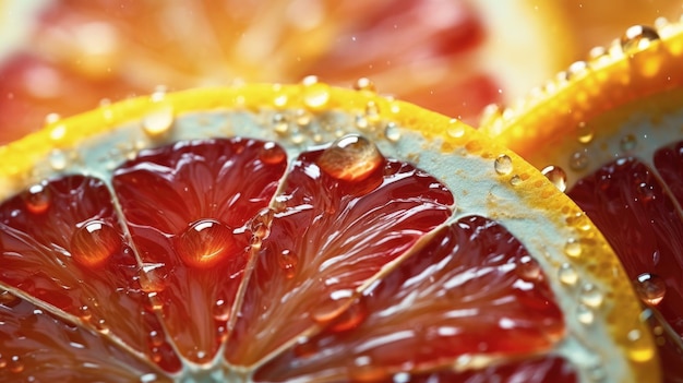 Uma fatia de laranja com gotas de água