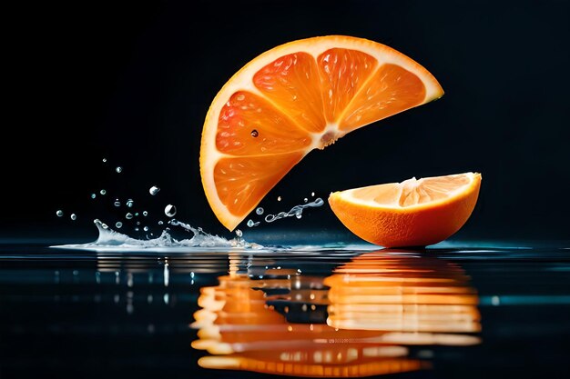 Uma fatia de laranja está na água e está sendo cortada.