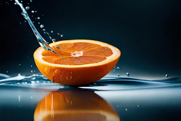 Uma fatia de laranja está sendo derramada em uma gota de água.