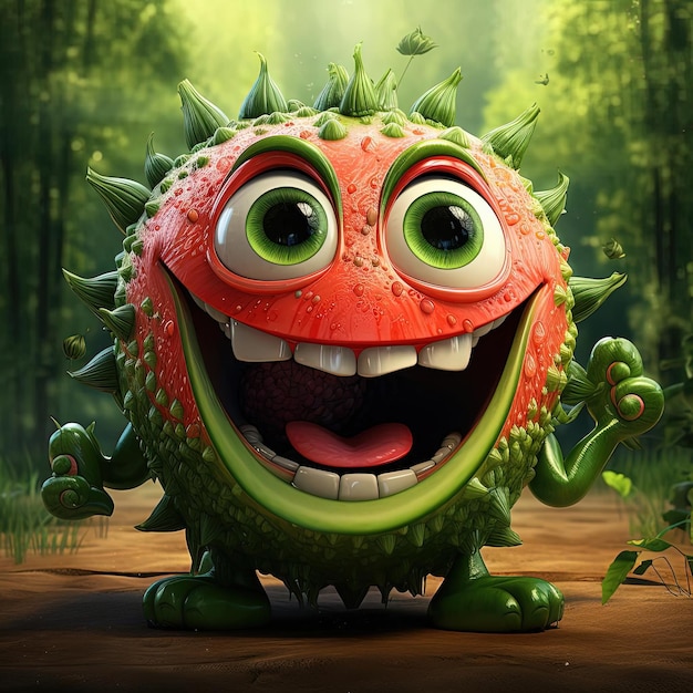 uma fatia de melancia com olhos abertos e boca grande no estilo de design de personagem detalhado