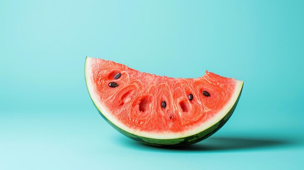 Uma fatia de melancia sobre um fundo azul A melancia é madura e suculenta com um sabor doce e refrescante A casca é verde e a carne é vermelha