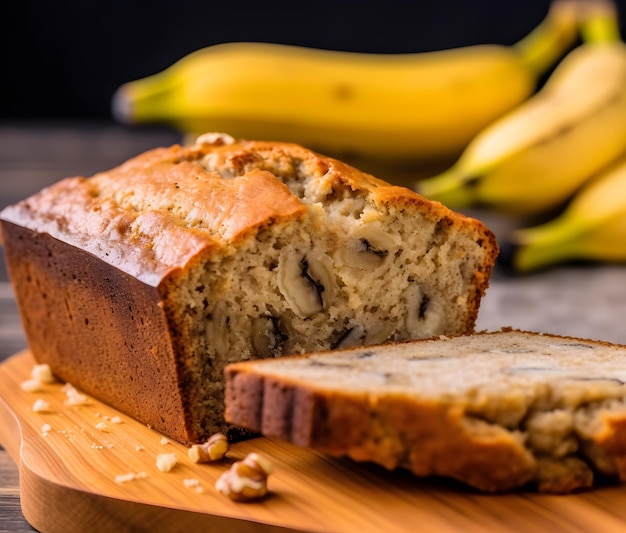Uma fatia de pão de banana úmido e saboroso com nozes Generative AI