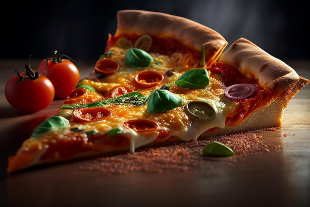 Uma fatia de pizza com azeitonas e tomates em uma mesa de madeira.