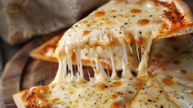 Uma fatia de pizza com queijo está sendo puxada para longe da pizza principal com queijo derretido estendendo-se entre os dois A pizza está em uma tábua de corte de madeira