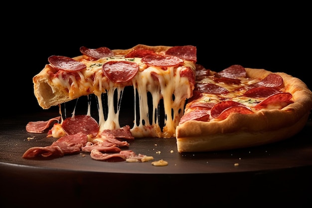Uma fatia de pizza crocante com carne e queijo
