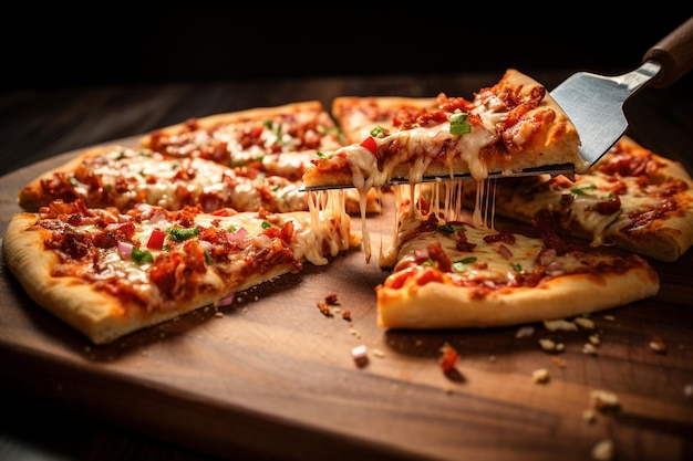 Foto uma fatia de pizza de carne sendo mantida contra um pôr-do-sol pitoresco