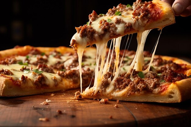 Foto uma fatia de pizza de carne sendo mantida contra um pôr-do-sol pitoresco