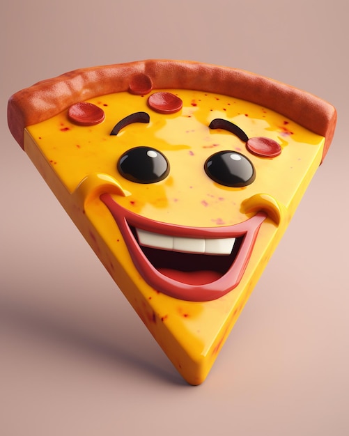 Uma fatia de pizza de desenho animado com um rosto sorridente e olhos.