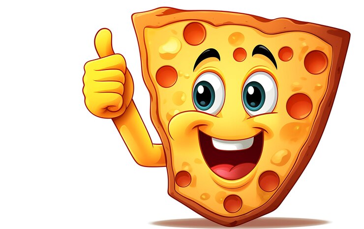 Foto uma fatia de pizza de desenho animado, uma mascote a levantar o polegar.