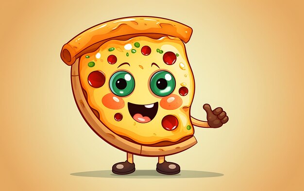 Foto uma fatia de pizza de desenho animado, uma mascote a levantar o polegar.