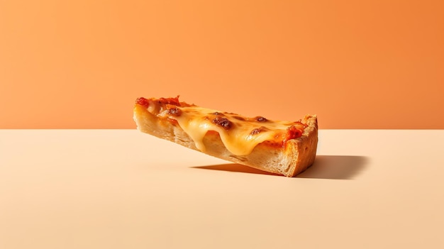 Uma fatia de pizza em uma mesa com fundo laranja