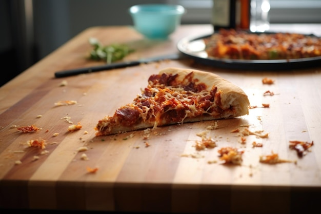 Uma fatia de pizza em uma mesa de cozinha