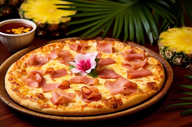 Uma fatia de pizza havaiana sendo puxada para longe mostrando o queijo derretido