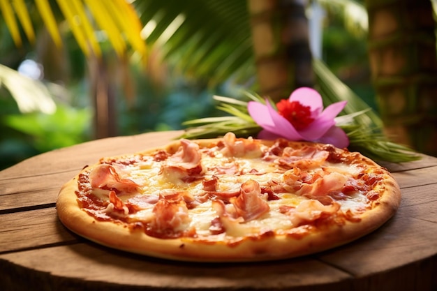 Uma fatia de pizza havaiana sendo puxada para longe mostrando o queijo derretido
