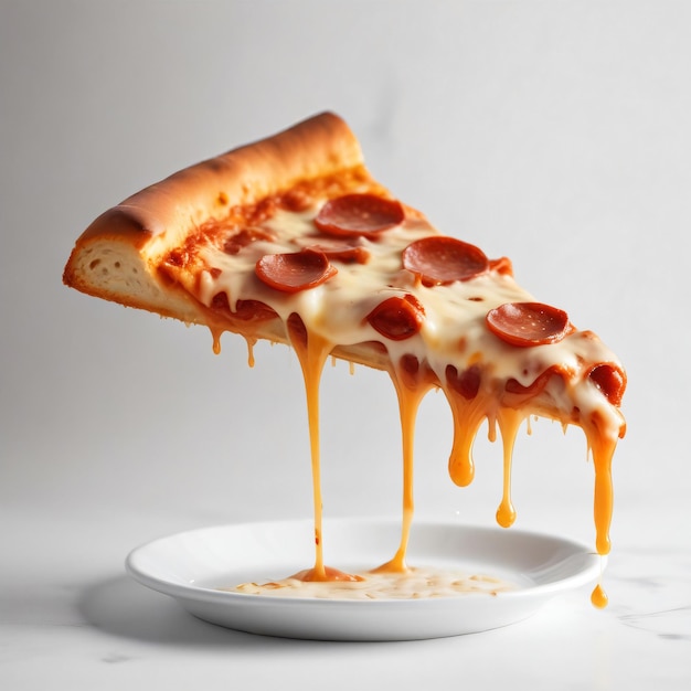Uma fatia de pizza pepperoni com queijo derretido e coberturas de pepperoni