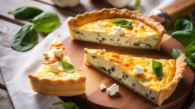 Uma fatia de quiche com espinafre por cima