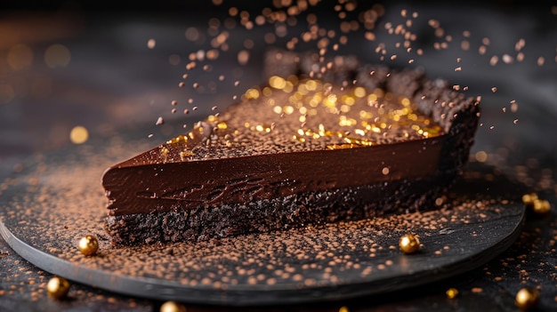 Uma fatia de tarte de chocolate com um pouco de ouro