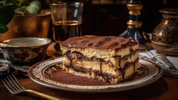 Uma fatia de tiramisu em um prato com um copo de cerveja atrás.