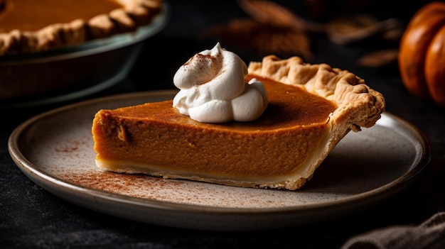 Uma fatia de torta de abóbora com chantilly por cima