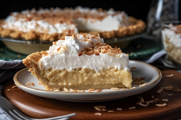 Uma fatia de torta de creme de coco em um prato com um garfo no fundo.