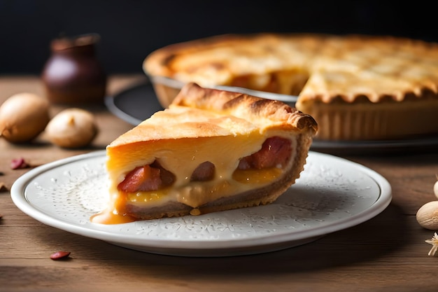 Uma fatia de torta em um prato com um biscoito ao lado.