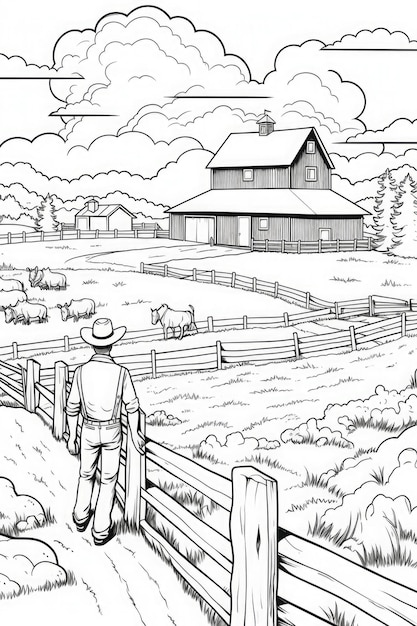 Foto uma fazenda com um cowboy à distância livro de colorir