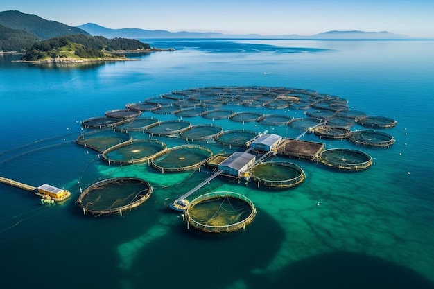 uma fazenda de peixes no meio do oceano