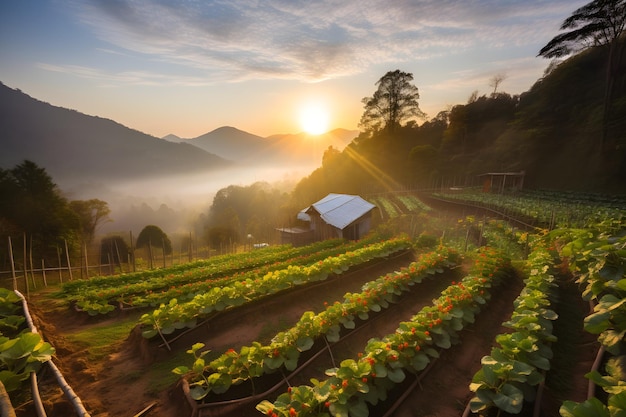 Uma fazenda nas montanhas ao pôr do sol