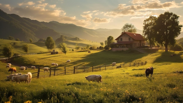 Uma fazenda nas montanhas com ovelhas em primeiro plano