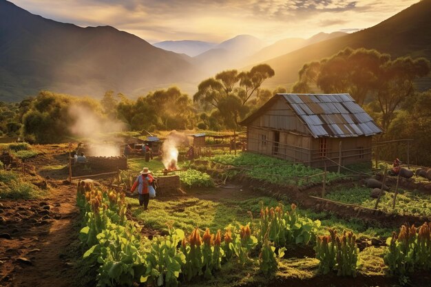 Uma fazenda nas montanhas com um pôr-do-sol ao fundo