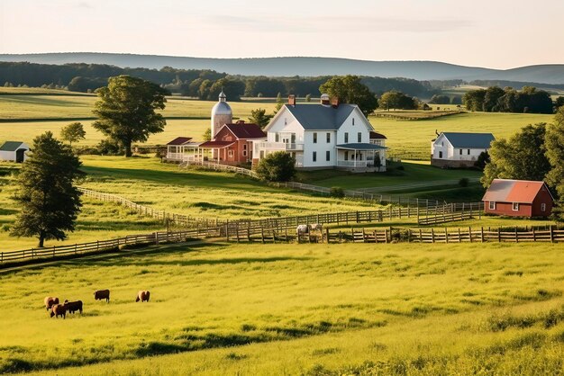 Foto uma fazenda rural com campos verdes ondulados pastoreando animais ia generativa