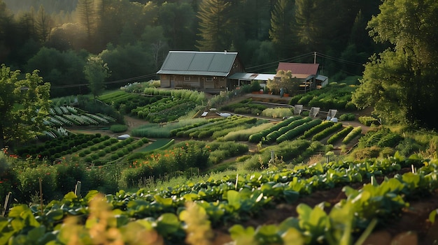 Uma fazenda verde e exuberante com uma pequena casa à distância.