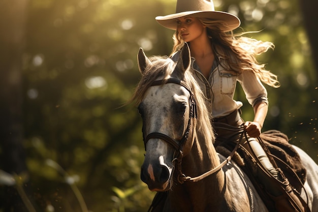 Uma fazendeira está montando um cavalo na floresta durante o dia com IA Generativa