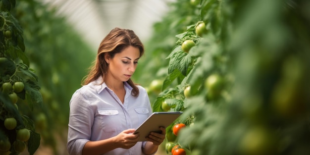 Uma fazendeira inspeciona suas plantas de tomate usando um tablet digital