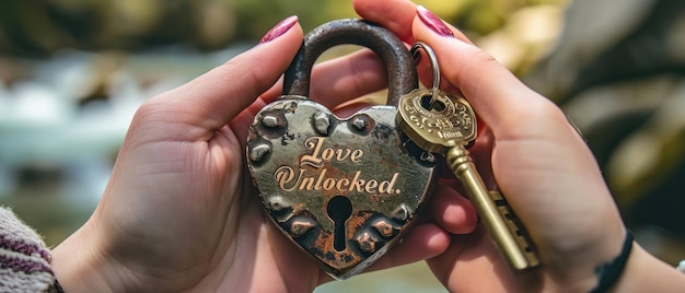Uma fechadura em forma de coração com uma chave em mãos de casais com a legenda amor desbloqueado